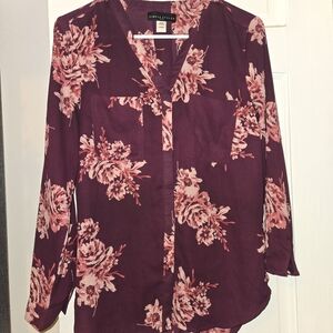 Maroon Floral Long Sleeve Blouse Shirt Size Medium Petite